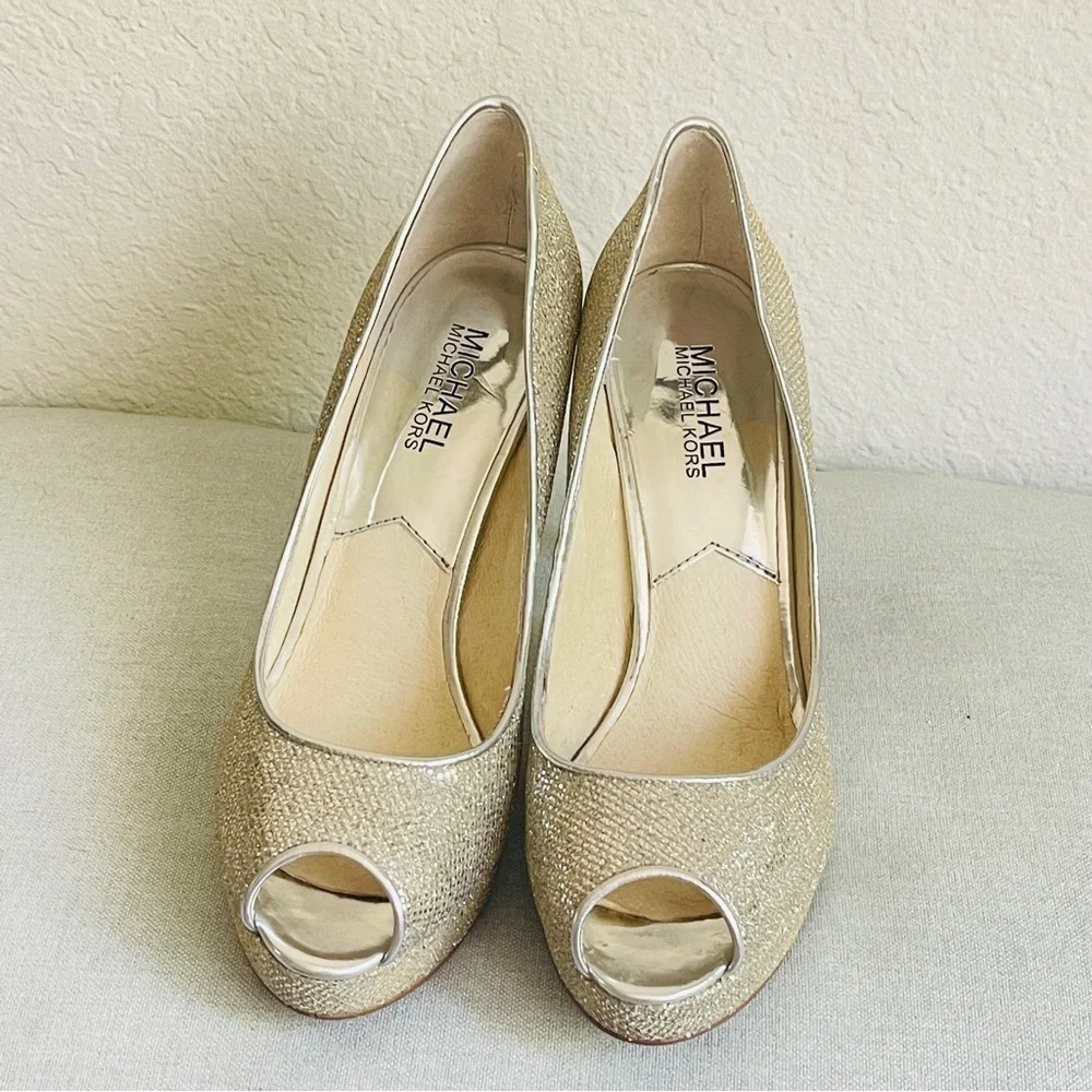 Michael Kors MK Women’s Silver Glitter Peep Toe Heels Shoes Size 7.5M - Picture 3 of 12